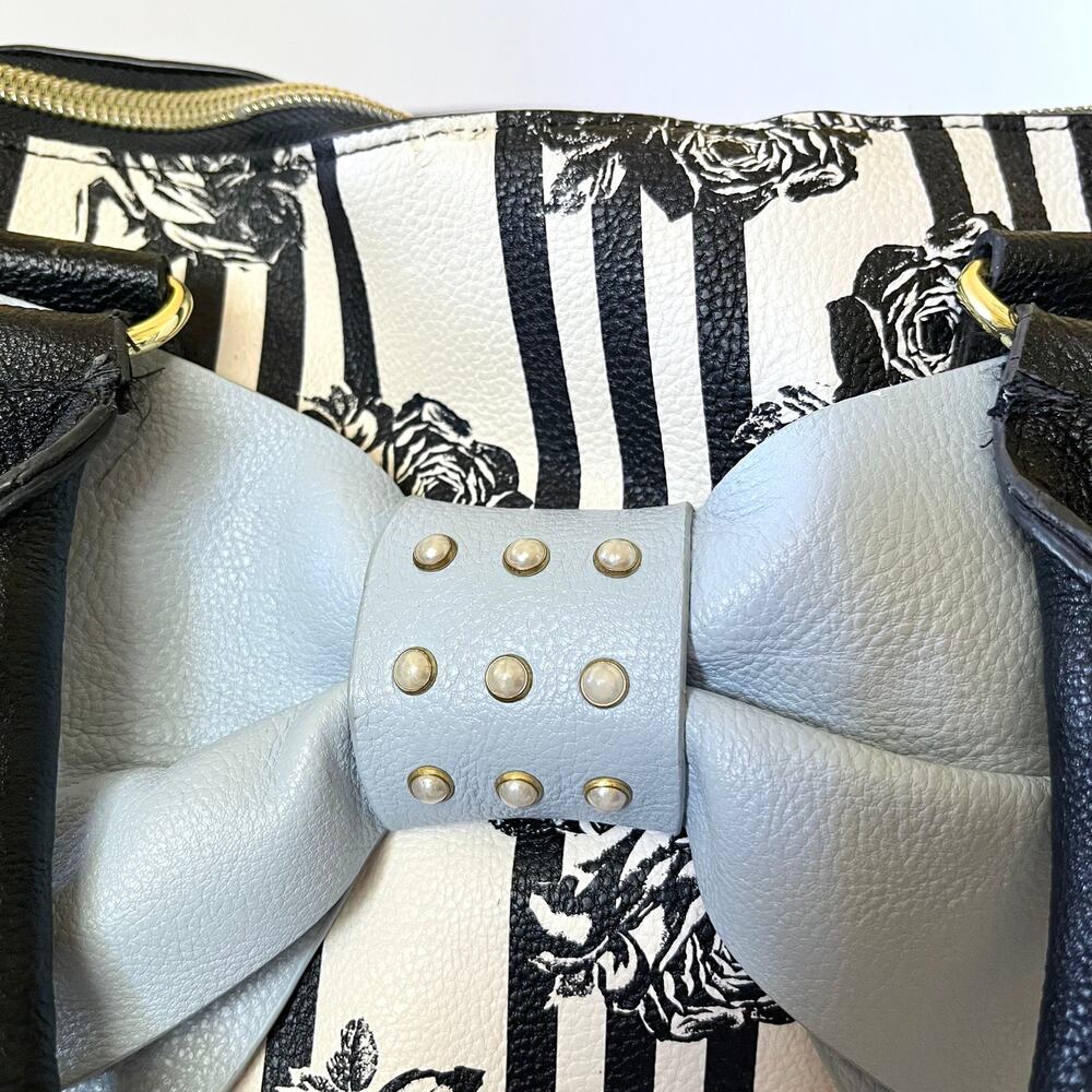 Betsey Johnson Blue Bow Faux Leather Floral Stripe Dome Satchel Bag Handbag FLAW - Picture 8 of 13
